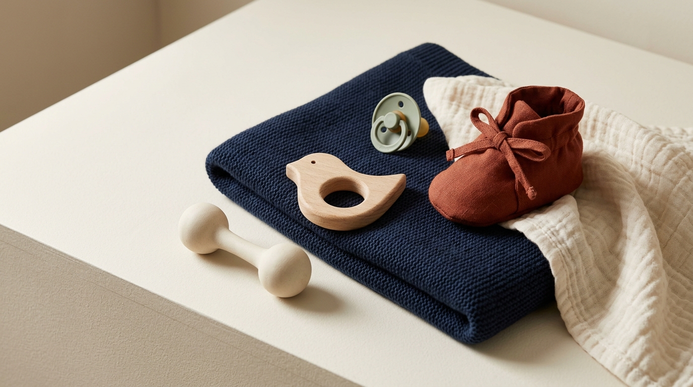 Baby textiles, a wooden teether, a pacifier, and a soft bootie arranged for a product showcase