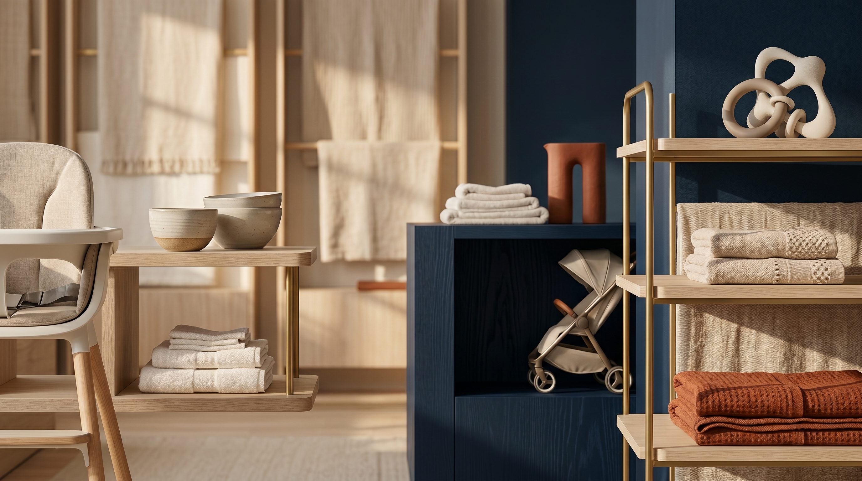 A warm baby retail showroom with a high chair, folded textiles, and a stroller